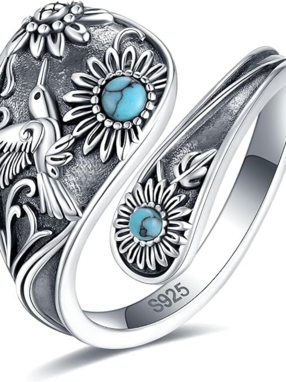 Vintage Sterling Silver Abalone Dragonfly & Turquoise Ring
